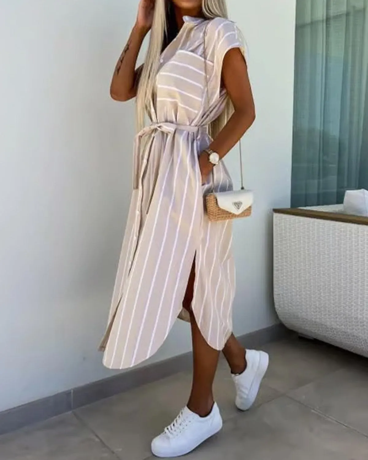 Womens Button Down Striped Shirt Dress Casual Cap Sleeve Side Slit Tie Waist Belted Midi Long Work Dress with Pockets