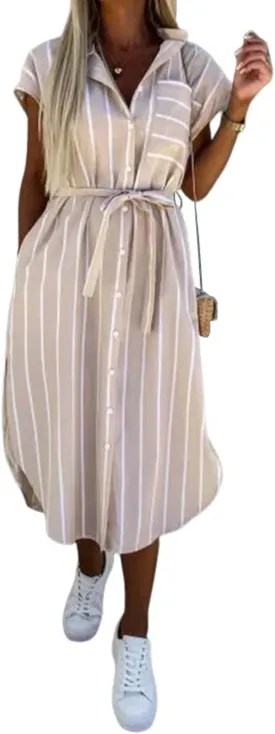 Womens Button Down Striped Shirt Dress Casual Cap Sleeve Side Slit Tie Waist Belted Midi Long Work Dress with Pockets