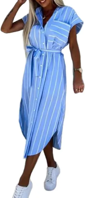 Womens Button Down Striped Shirt Dress Casual Cap Sleeve Side Slit Tie Waist Belted Midi Long Work Dress with Pockets