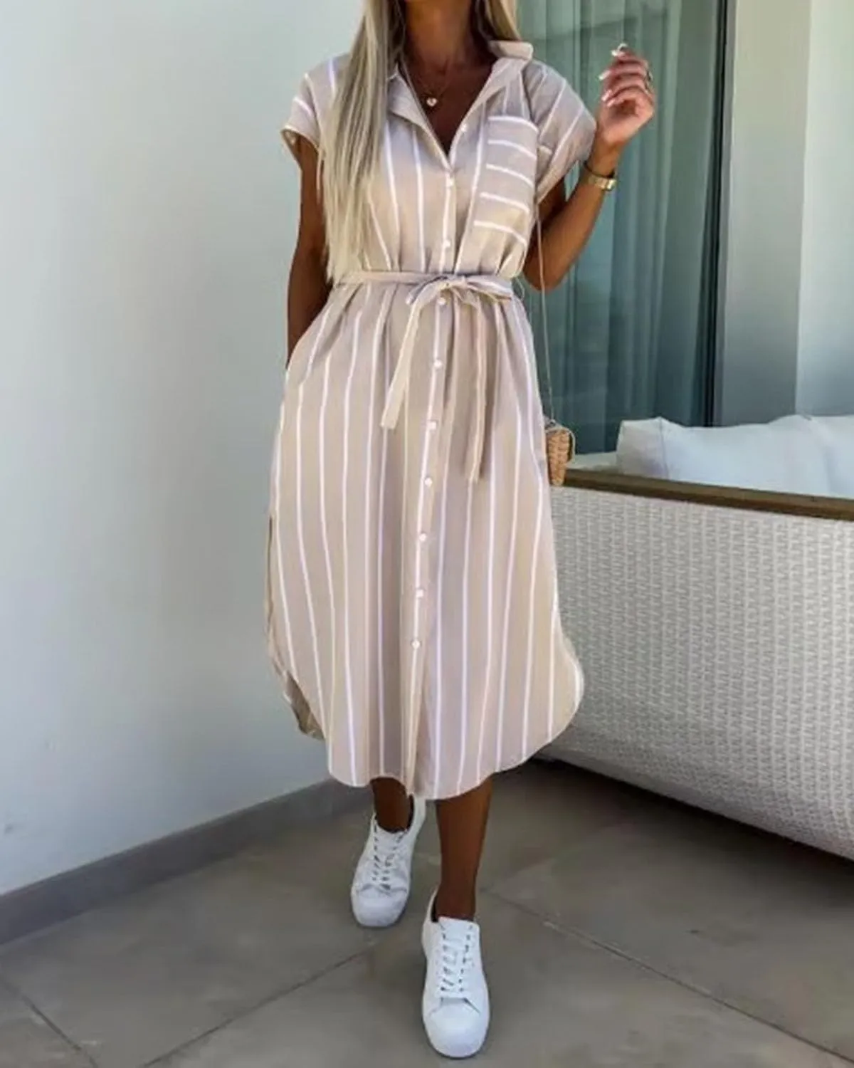 Womens Button Down Striped Shirt Dress Casual Cap Sleeve Side Slit Tie Waist Belted Midi Long Work Dress with Pockets