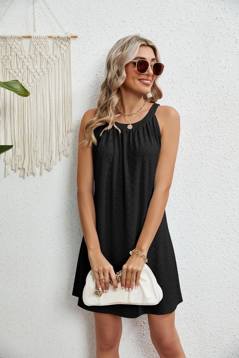Women's Eyelet Halter Cover Up for Swimsuit, Cute Casual Pleated Sleeveless Beach Dress Summer Bikini Beachwear Coverups