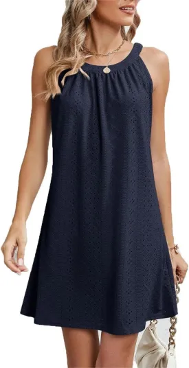Women's Eyelet Halter Cover Up for Swimsuit, Cute Casual Pleated Sleeveless Beach Dress Summer Bikini Beachwear Coverups