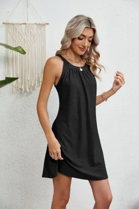 Women's Eyelet Halter Cover Up for Swimsuit, Cute Casual Pleated Sleeveless Beach Dress Summer Bikini Beachwear Coverups