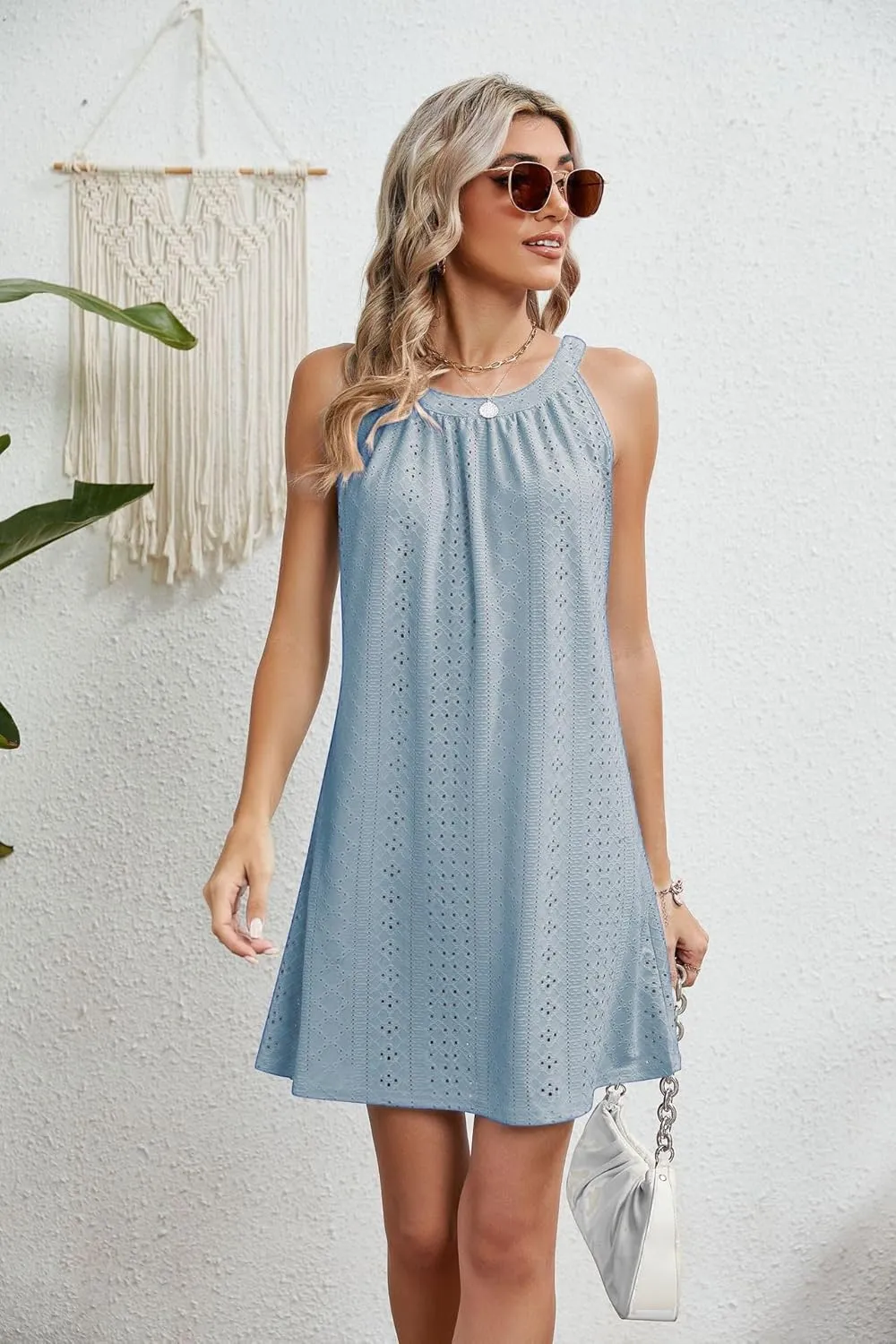 Women's Eyelet Halter Cover Up for Swimsuit, Cute Casual Pleated Sleeveless Beach Dress Summer Bikini Beachwear Coverups
