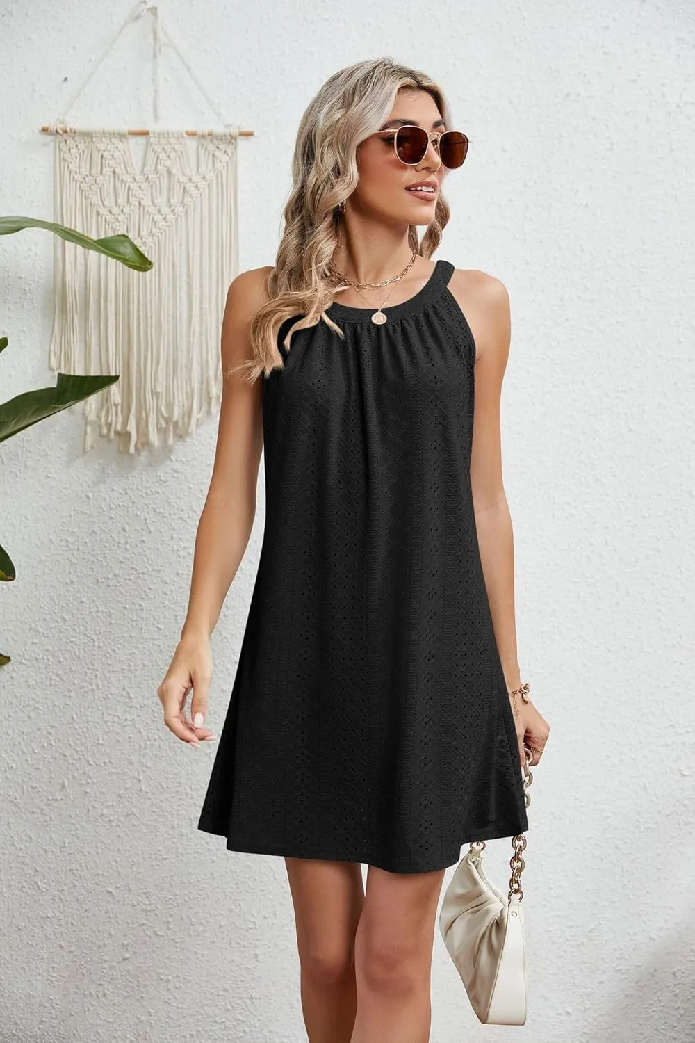 Women's Eyelet Halter Cover Up for Swimsuit, Cute Casual Pleated Sleeveless Beach Dress Summer Bikini Beachwear Coverups