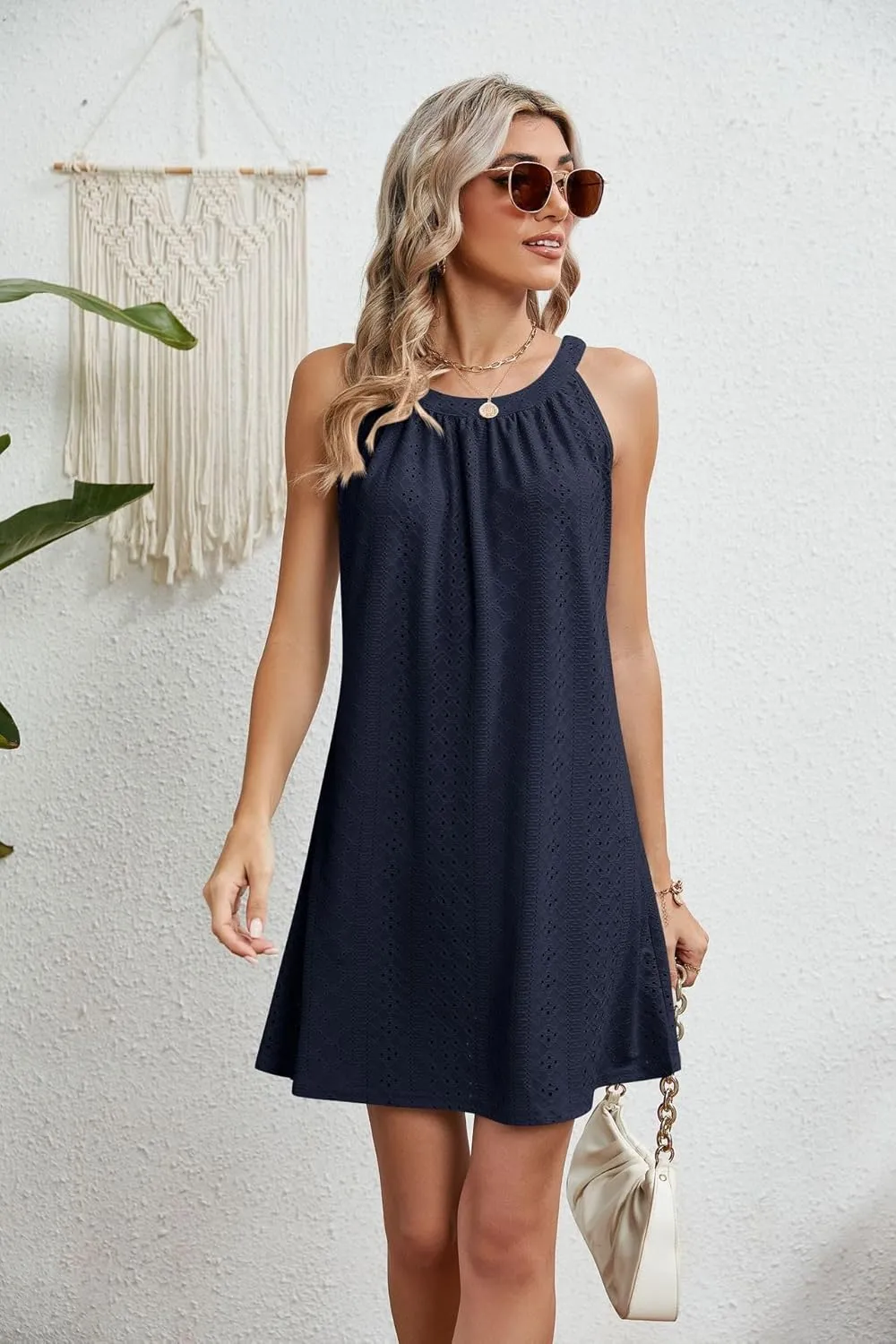 Women's Eyelet Halter Cover Up for Swimsuit, Cute Casual Pleated Sleeveless Beach Dress Summer Bikini Beachwear Coverups