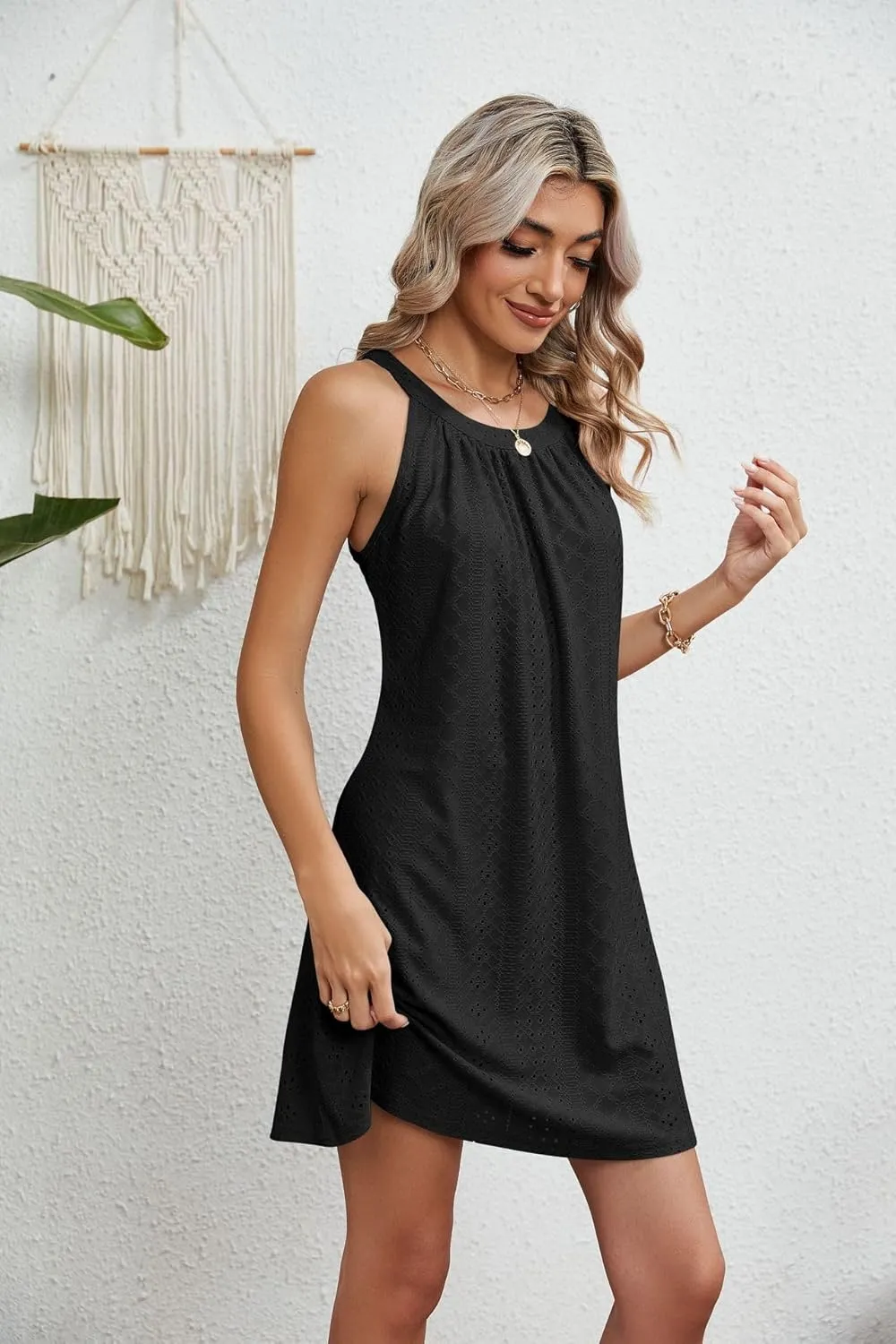 Women's Eyelet Halter Cover Up for Swimsuit, Cute Casual Pleated Sleeveless Beach Dress Summer Bikini Beachwear Coverups