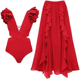Women's One Piece Swimsuit with Cover Up Skirt Bikini Sarong Set Floral Print Bathing Suit with Wrap Skirt