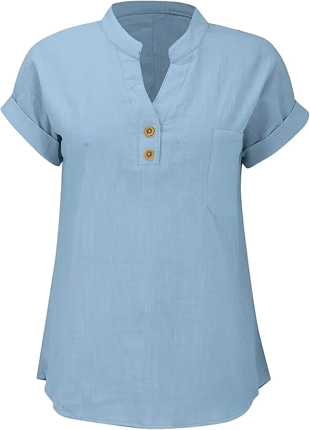 Womens Summer Casual Tops Roll Up Short Sleeve V Neck T Shirts Loose Fit Dressy Henley Blouse Basic Tshirt with Pocket