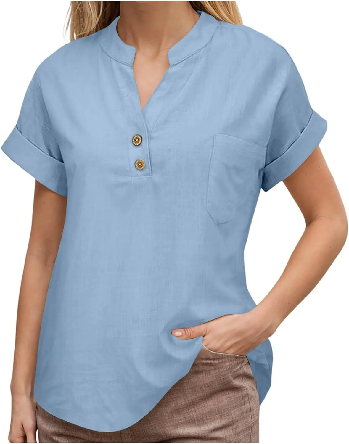 Womens Summer Casual Tops Roll Up Short Sleeve V Neck T Shirts Loose Fit Dressy Henley Blouse Basic Tshirt with Pocket
