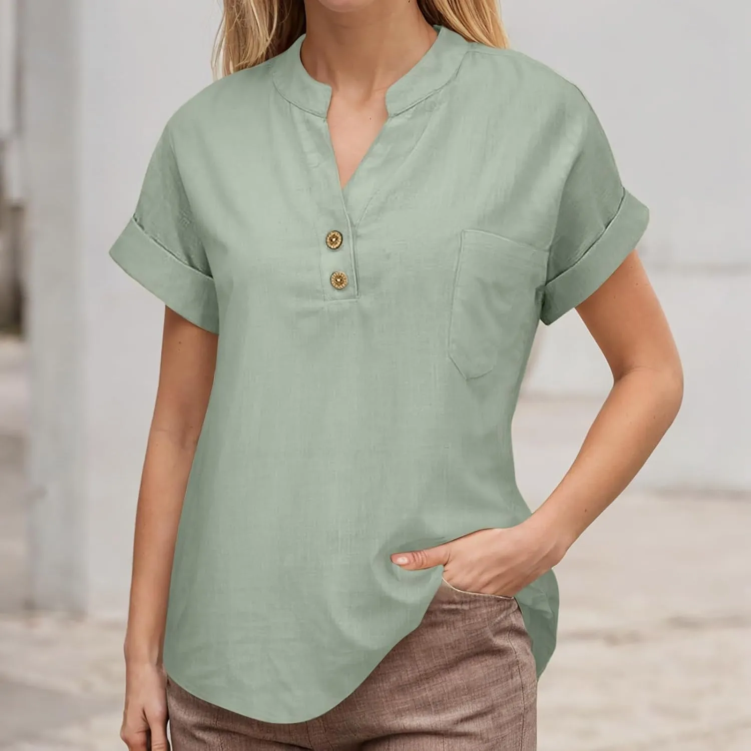 Womens Summer Casual Tops Roll Up Short Sleeve V Neck T Shirts Loose Fit Dressy Henley Blouse Basic Tshirt with Pocket