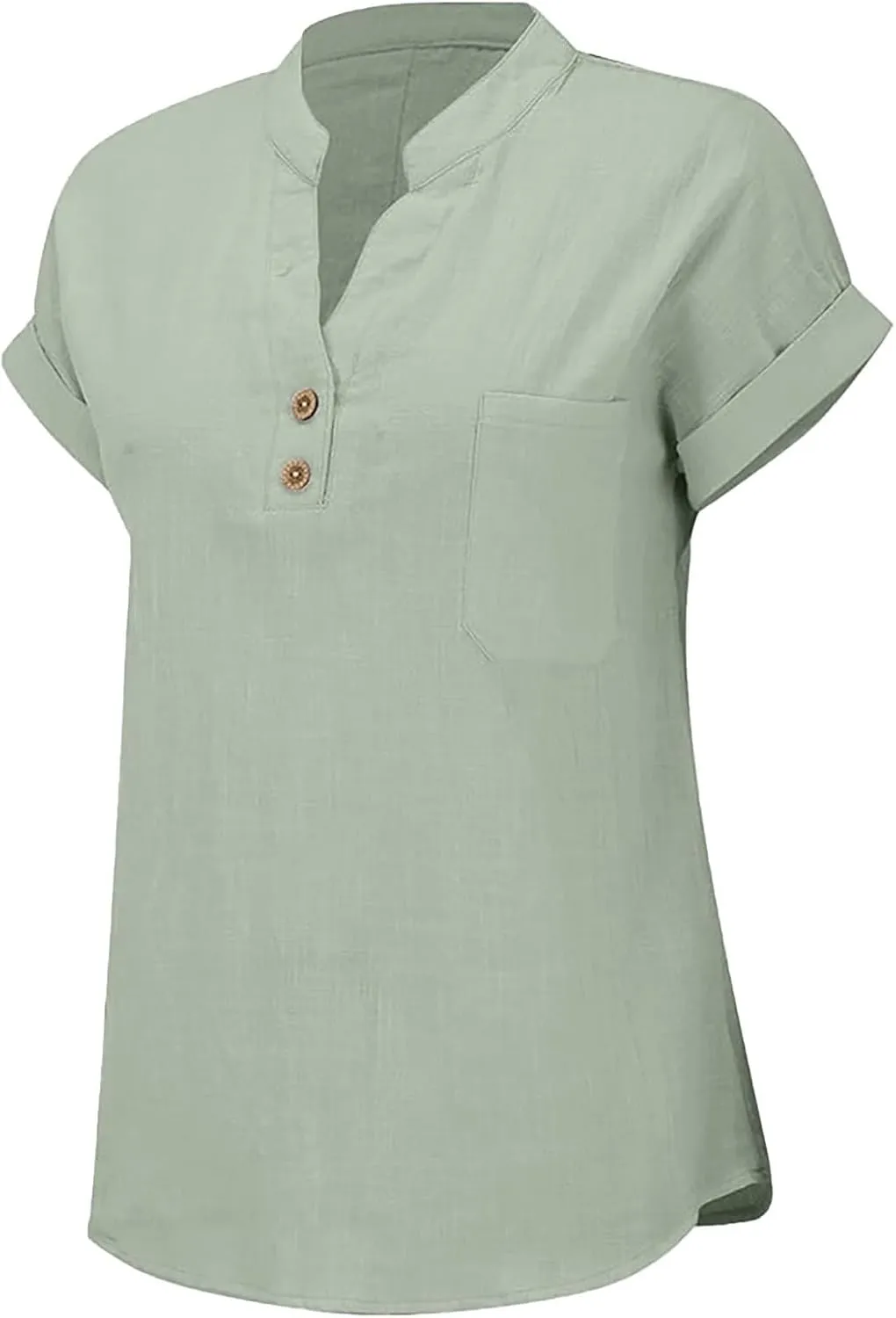Womens Summer Casual Tops Roll Up Short Sleeve V Neck T Shirts Loose Fit Dressy Henley Blouse Basic Tshirt with Pocket