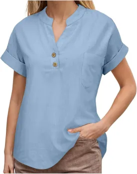 Womens Summer Casual Tops Roll Up Short Sleeve V Neck T Shirts Loose Fit Dressy Henley Blouse Basic Tshirt with Pocket