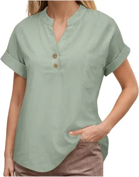 Womens Summer Casual Tops Roll Up Short Sleeve V Neck T Shirts Loose Fit Dressy Henley Blouse Basic Tshirt with Pocket
