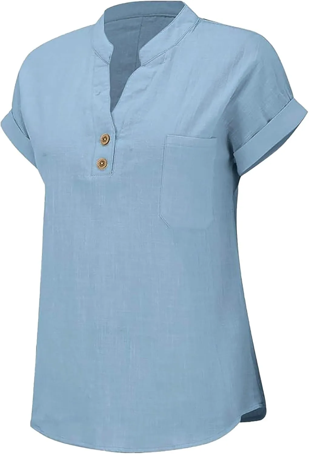 Womens Summer Casual Tops Roll Up Short Sleeve V Neck T Shirts Loose Fit Dressy Henley Blouse Basic Tshirt with Pocket