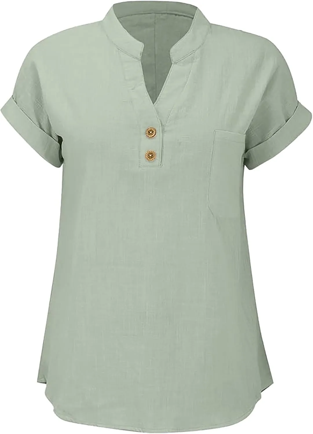 Womens Summer Casual Tops Roll Up Short Sleeve V Neck T Shirts Loose Fit Dressy Henley Blouse Basic Tshirt with Pocket