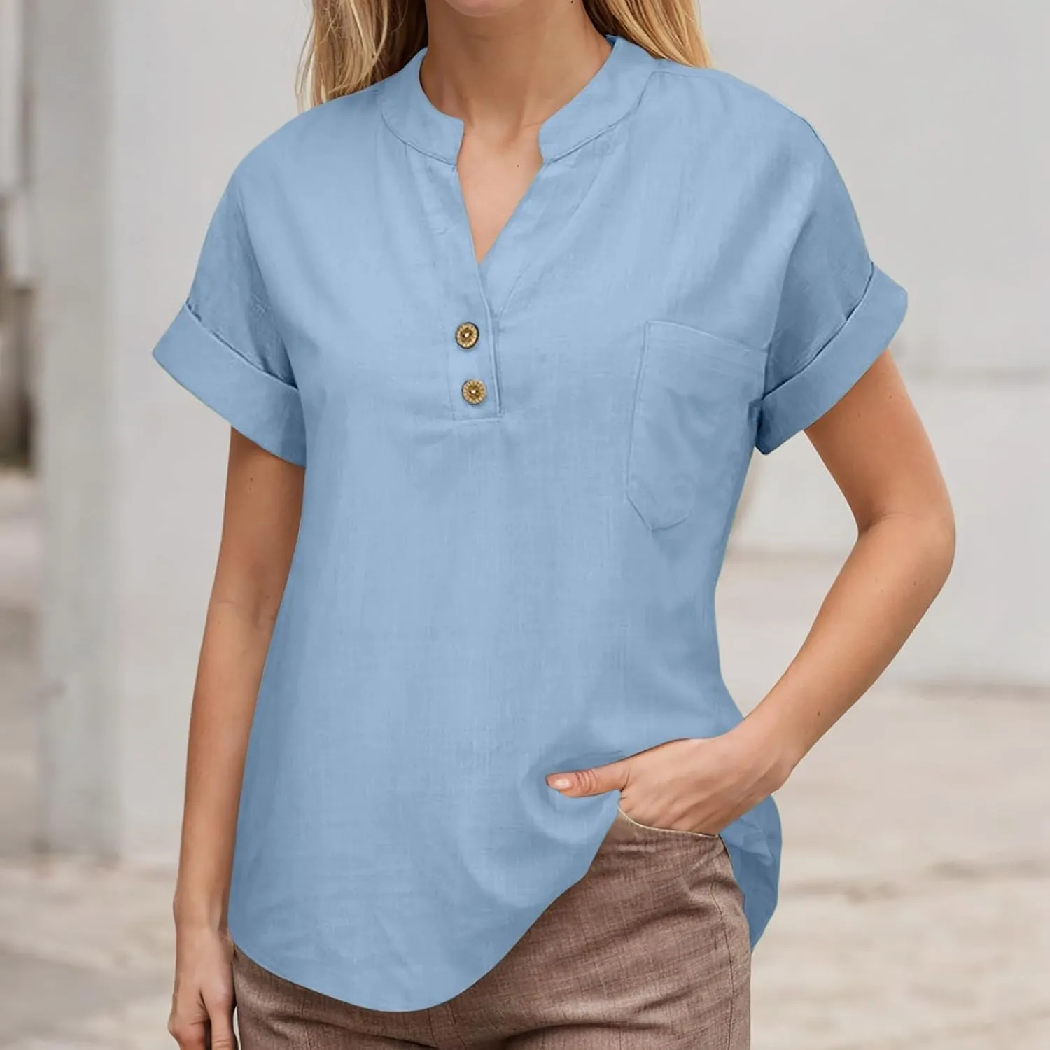 Womens Summer Casual Tops Roll Up Short Sleeve V Neck T Shirts Loose Fit Dressy Henley Blouse Basic Tshirt with Pocket