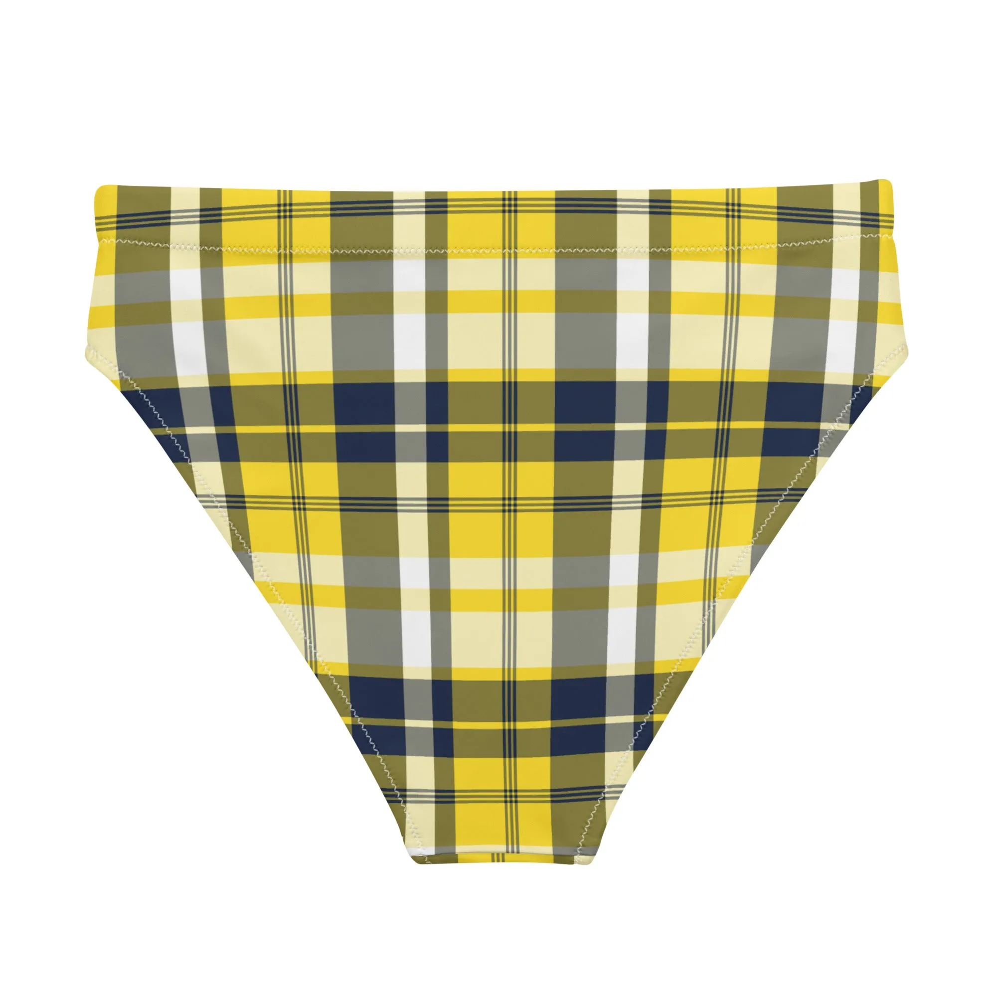 Yellow and Navy Blue Preppy Surfer Plaid High Waisted Bikini Bottom