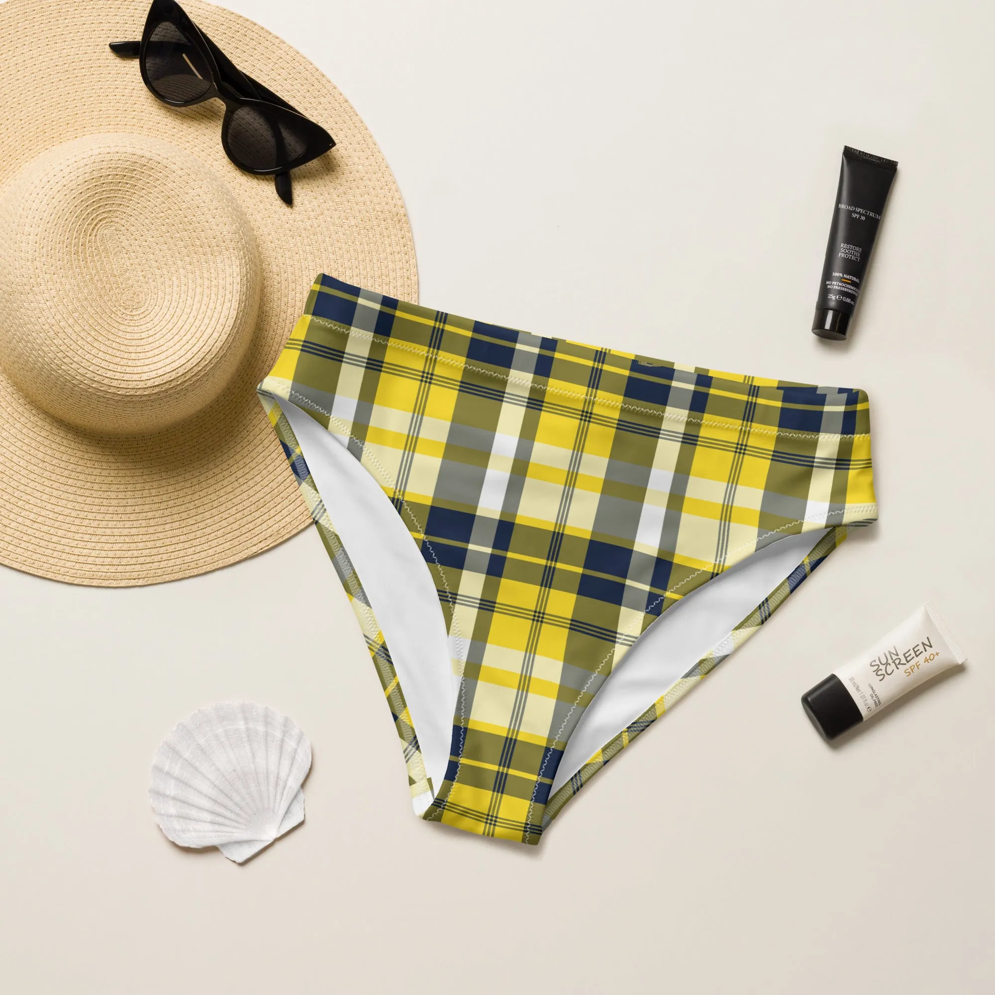 Yellow and Navy Blue Preppy Surfer Plaid High Waisted Bikini Bottom