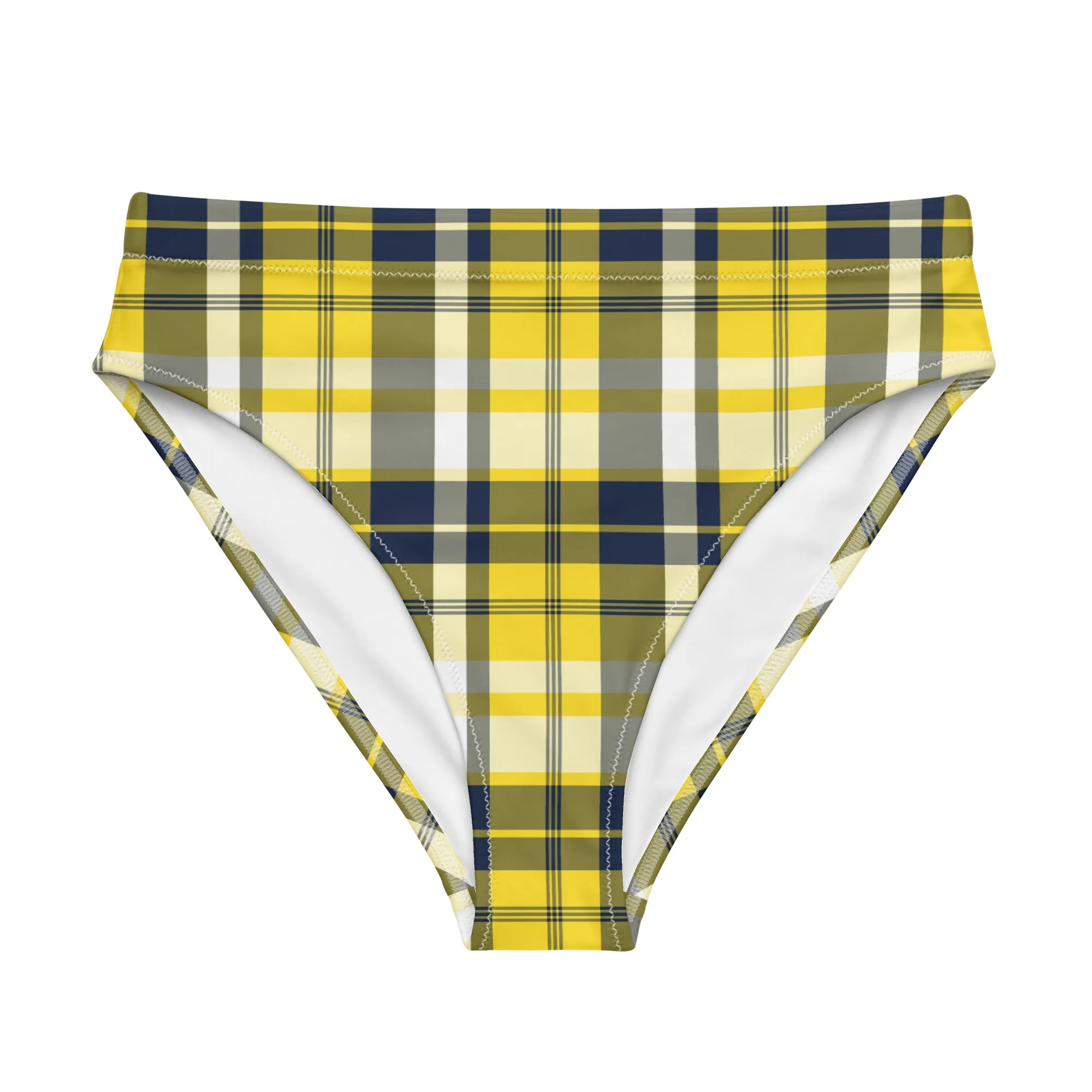 Yellow and Navy Blue Preppy Surfer Plaid High Waisted Bikini Bottom
