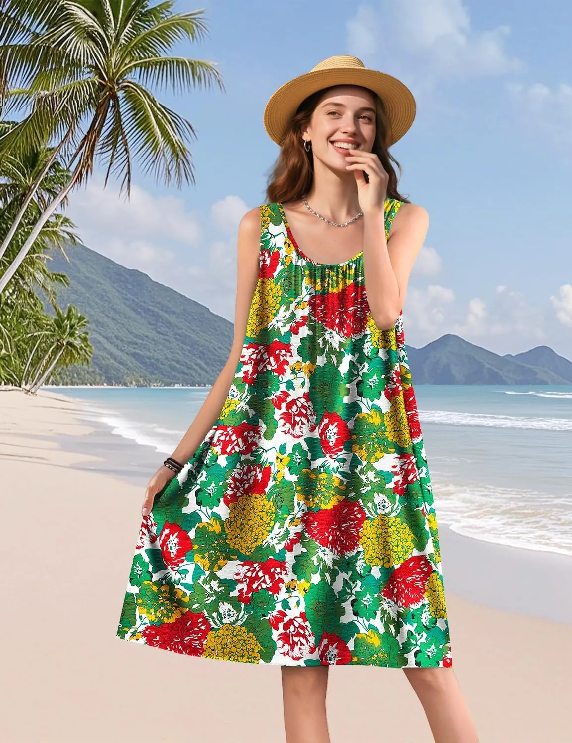 YESNO Summer Dresses for Women 2025 Casual Boho Floral Sundresses Sleeveless Scoop Neck Beach Tank Dresses EVS