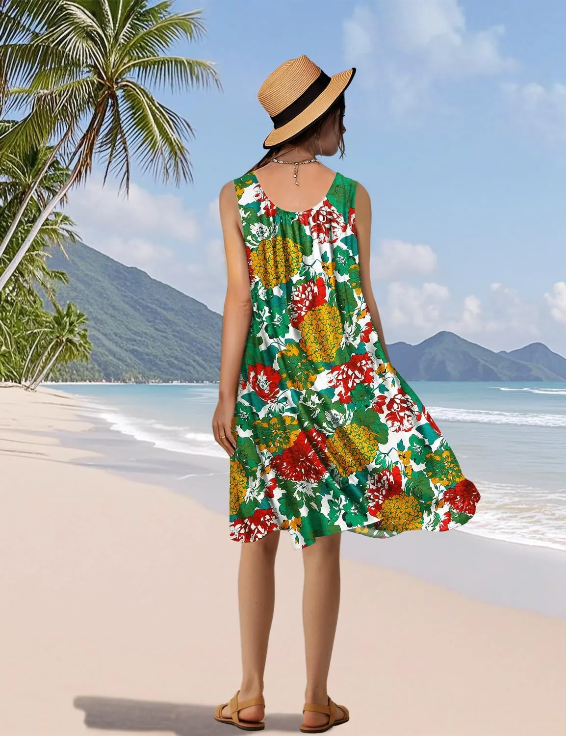 YESNO Summer Dresses for Women 2025 Casual Boho Floral Sundresses Sleeveless Scoop Neck Beach Tank Dresses EVS