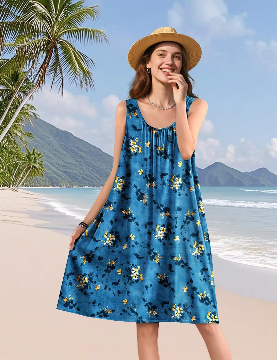 YESNO Summer Dresses for Women 2025 Casual Boho Floral Sundresses Sleeveless Scoop Neck Beach Tank Dresses EVS