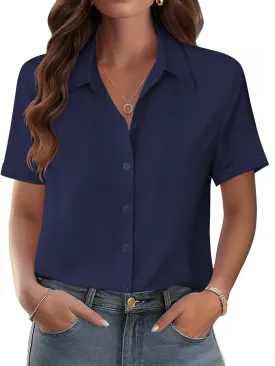 Zeagoo Womens Button Down Blouse Rolled Cuffed Short Sleeve Shirts Casual Work Blouse Summer Hawaiian Outfits